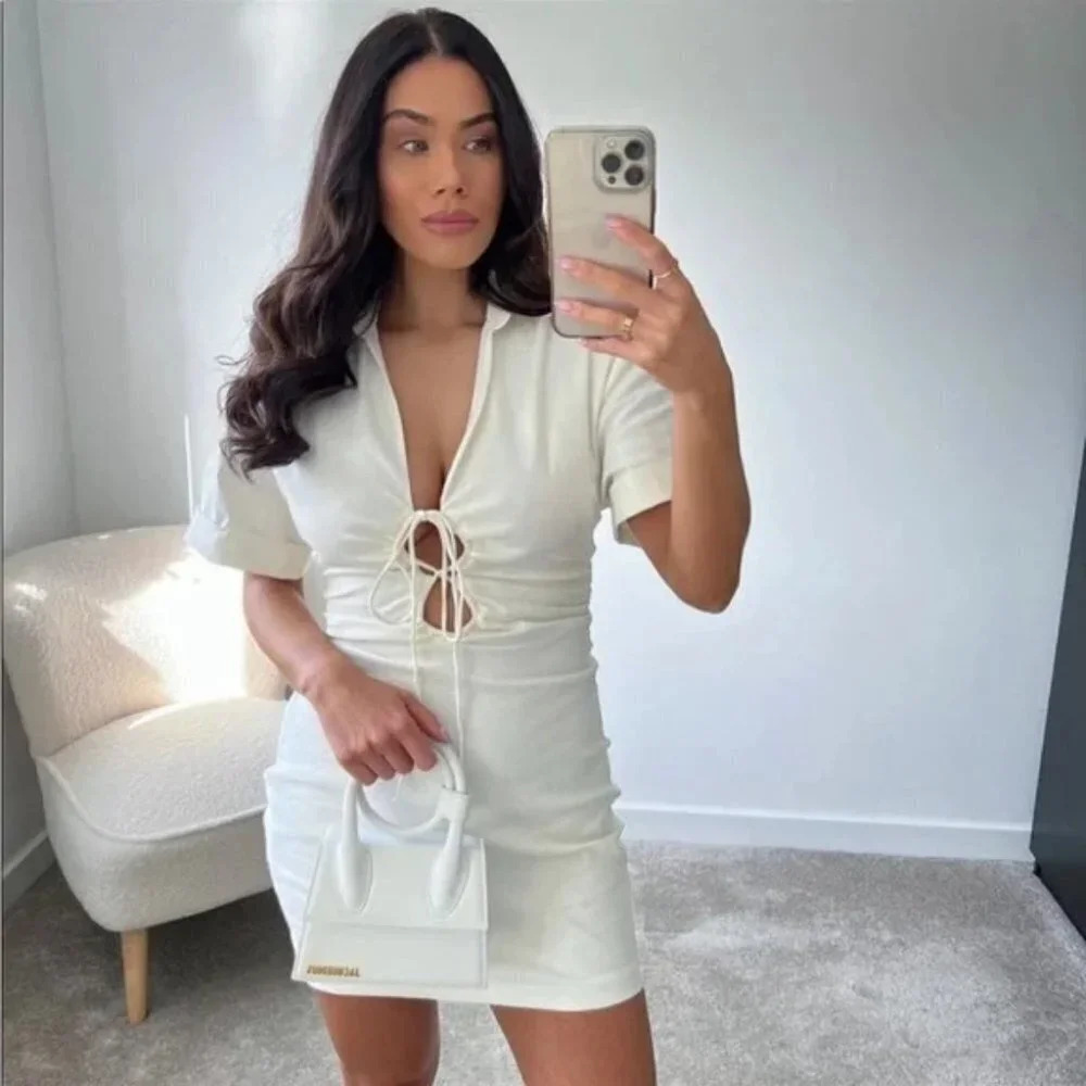 Zara Stretch Linen Blend Shirt Mini Dress Ecru White Blogger Fav Size Small